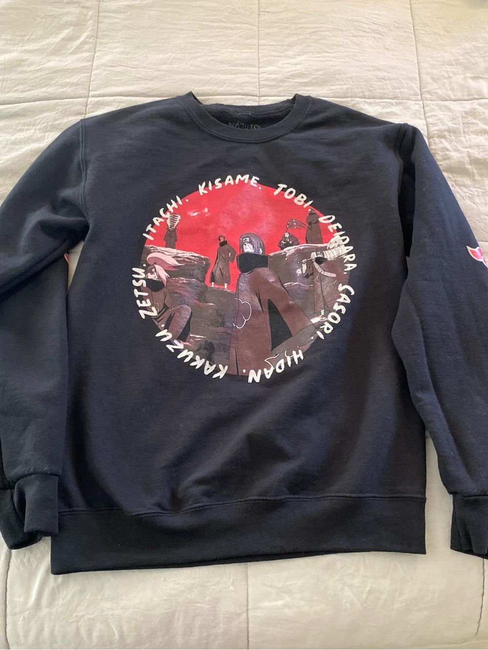 Black Anime Graphic Crewneck Sweatshirt with Red Accent